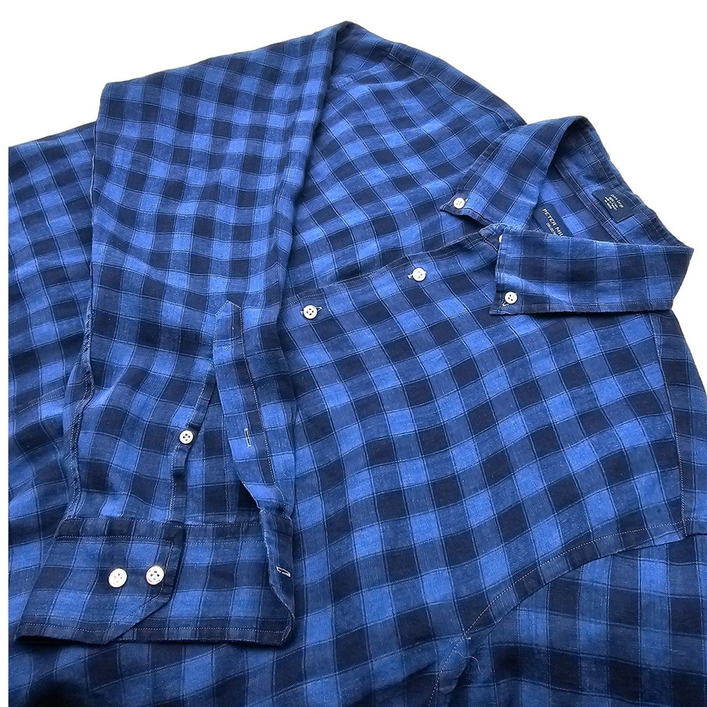 Peter Millar Men's Black and Blue  Shirt 100% Linen‎ Size XL